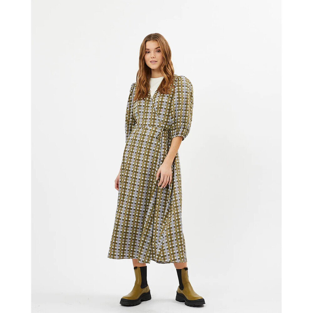 Minimum Elmina Checked Wraparound Midi Dress Military Olive Size 34 $108